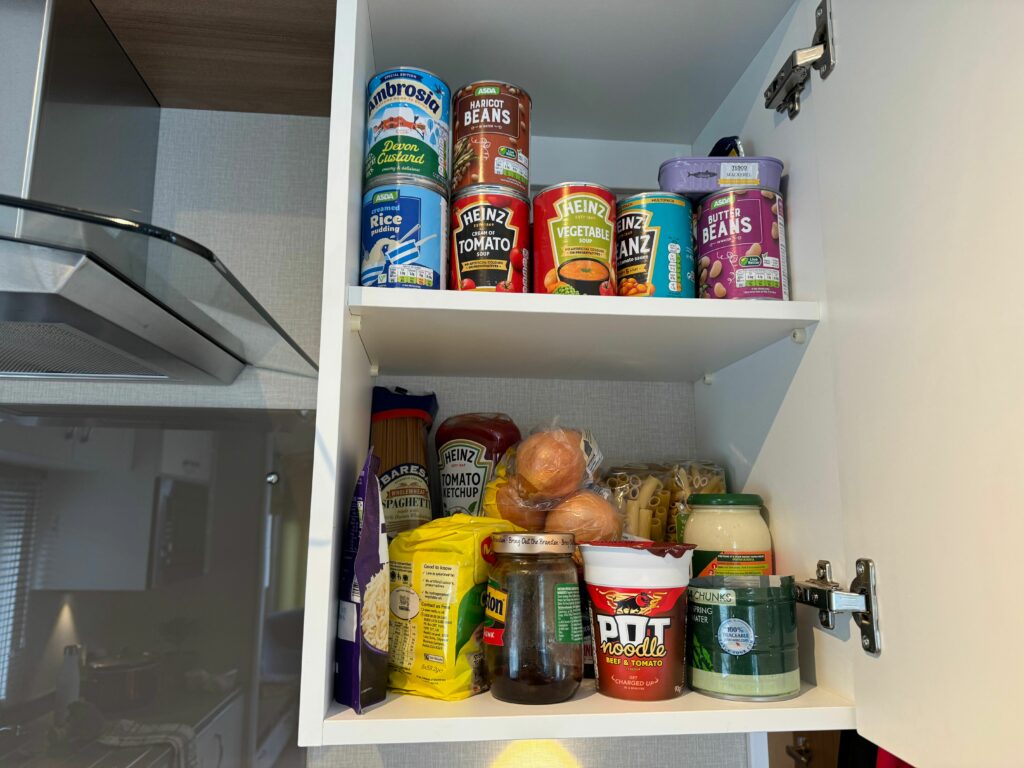 stock up on food when preparing for bad weather in a static caravan