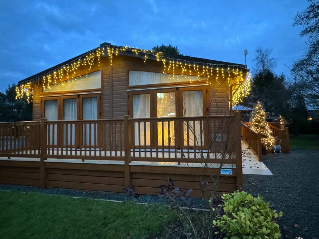 Christmas lights on holiday lodge